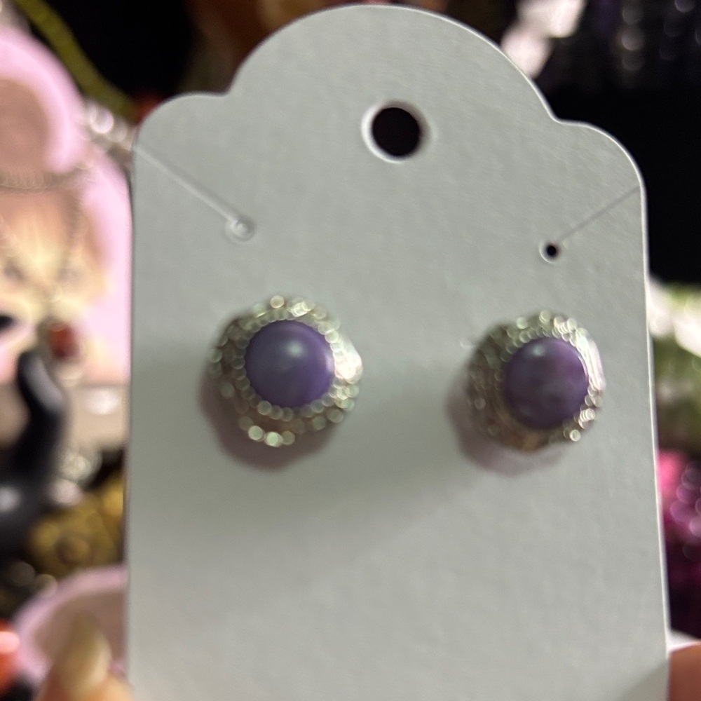Classic Silver-Tone Stud Earrings with Charoite Gem